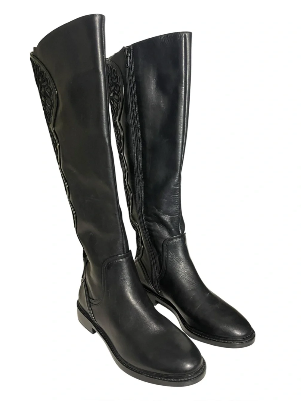 Gianni Bini Embroidered Back Black Leather Full Zip Knee High Riding Boots 6M